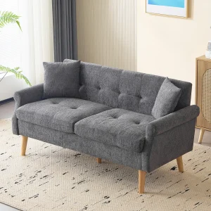 Grijze 2-zitsbank – Rechte bank met twee kussens en armleuningen – chenille – voor woonkamer en slaapkamer Grijze 2-zitsbank – Rechte bank met twee kussens en armleuningen – chenille – voor woonkamer en slaapkamer