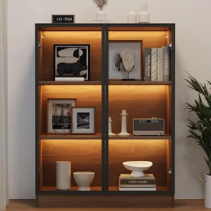 Glazen vitrinekast met 3 planken – LED – Bruin