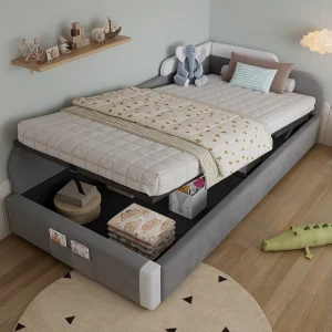 Gestoffeerd kinderbed – 90 x 200 cm – hydraulische box + barrière – fluweel + multiplex – grijs (linkerpaneel) Gestoffeerd kinderbed – 90 x 200 cm – hydraulische box + barrière – fluweel + multiplex – grijs (linkerpaneel)