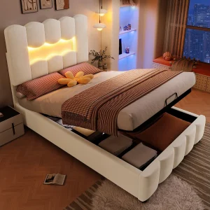 Gestoffeerd opbergbed – 90 x 200 cm – met hydraulische opberging + verstelbaar hoofdeinde – fluweel – beige Gestoffeerd opbergbed – 90 x 200 cm – met hydraulische opberging + verstelbaar hoofdeinde – fluweel – beige
