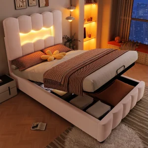 Gestoffeerd opbergbed – 90 x 200 cm – met hydraulische opberging + verstelbaar hoofdeinde – fluweel – roze Gestoffeerd opbergbed – 90 x 200 cm – met hydraulische opberging + verstelbaar hoofdeinde – fluweel – roze
