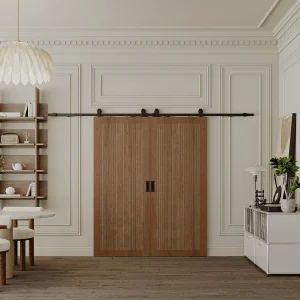 Hangende dubbele schuifdeur van hout en mdf, donker naturel – 2 x H205 x L73 cm – SANDORA Hangende dubbele schuifdeur van hout en mdf, donker naturel – 2 x H205 x L73 cm – SANDORA