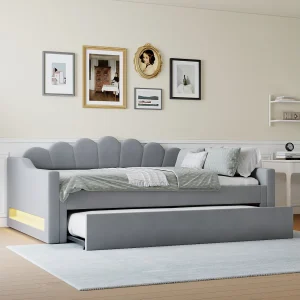 Gestoffeerde slaapbank voor kinderen – 140 x 200 cm – met uitschuifbed 90 x 190 cm + led-verlichting – MDF – grijs Gestoffeerde slaapbank voor kinderen – 140 x 200 cm – met uitschuifbed 90 x 190 cm + led-verlichting – MDF – grijs