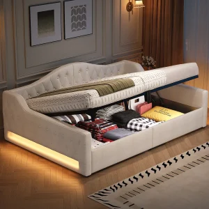 Gestoffeerde kinderslaapbank – 140 x 200 cm – met opbergruimte eronder + led-verlichting – MDF – beige