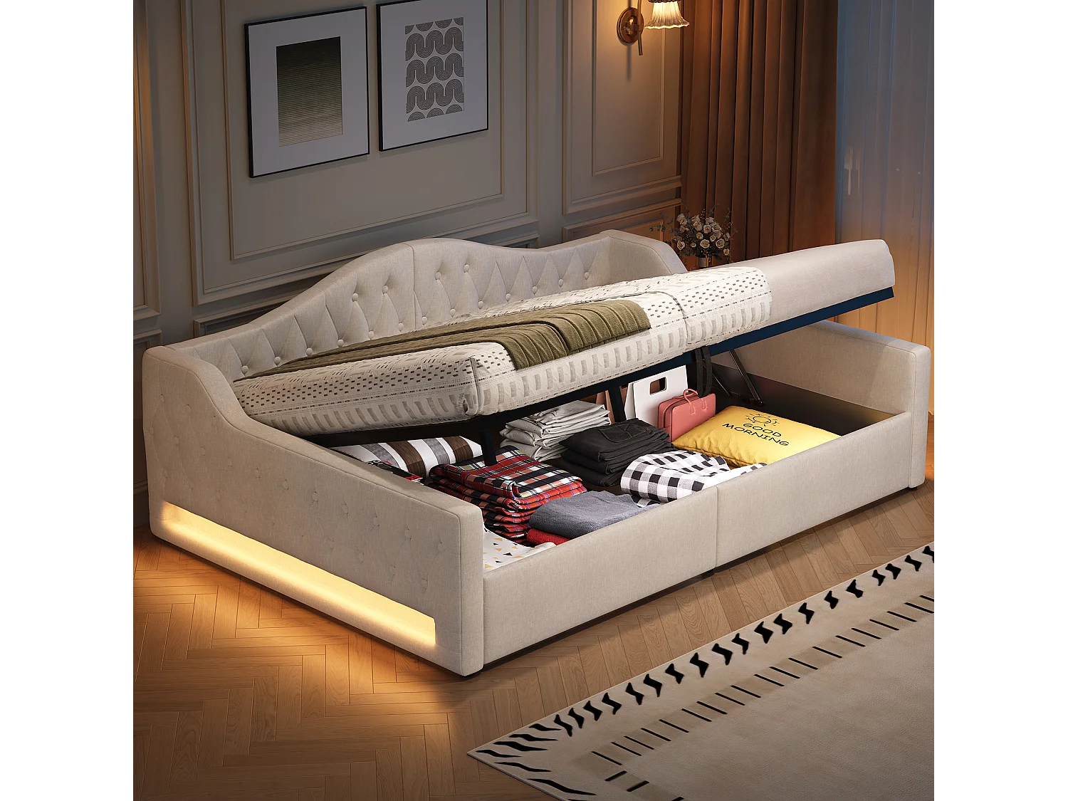 Gestoffeerde kinderslaapbank - 140 x 200 cm - met opbergruimte eronder + led-verlichting - MDF - beige