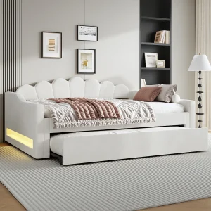 Gestoffeerde slaapbank voor kinderen – 140 x 200 cm – met uitschuifbed 90 x 190 cm + led-verlichting – MDF – beige Gestoffeerde slaapbank voor kinderen – 140 x 200 cm – met uitschuifbed 90 x 190 cm + led-verlichting – MDF – beige