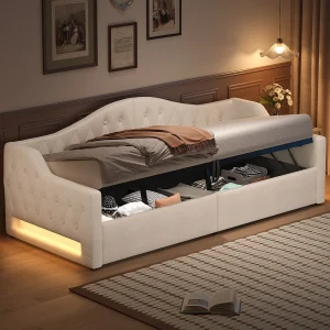 Gestoffeerde kinderslaapbank – 90 x 200 cm – met opbergruimte eronder + led-verlichting – MDF – beige