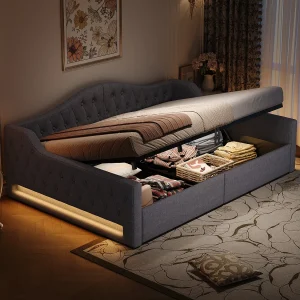 Gestoffeerde kinderslaapbank – 140 x 200 cm – met opbergruimte eronder + led-verlichting – MDF – grijs