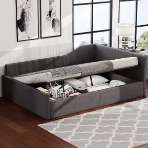Gestoffeerde slaapbank voor kinderen Kinderslaapbank – 140 x 200 cm – met opbergruimte eronder – MDF – grijs Gestoffeerde slaapbank voor kinderen Kinderslaapbank – 140 x 200 cm – met opbergruimte eronder – MDF – grijs