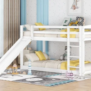 Grenen stapelbed met valbeveiliging + ladder + glijbaan – 90x200cm – Wit Grenen stapelbed met valbeveiliging + ladder + glijbaan – 90x200cm – Wit