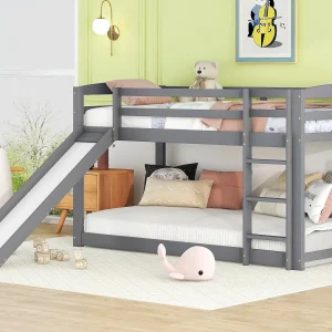 Grenen stapelbed met valbeveiliging + ladder + glijbaan – 90x200cm – Grijs Grenen stapelbed met valbeveiliging + ladder + glijbaan – 90x200cm – Grijs