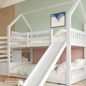 Houten stapelbed 90x200cm – met barrières + opbergtrap + glijbaan – Wit Houten stapelbed 90x200cm – met barrières + opbergtrap + glijbaan – Wit