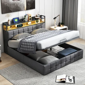 Gestoffeerd bed 160 x 200 cm, met opbergruimte en lattenbodem, LED en USB, linnen, grijs Gestoffeerd bed 160 x 200 cm, met opbergruimte en lattenbodem, LED en USB, linnen, grijs