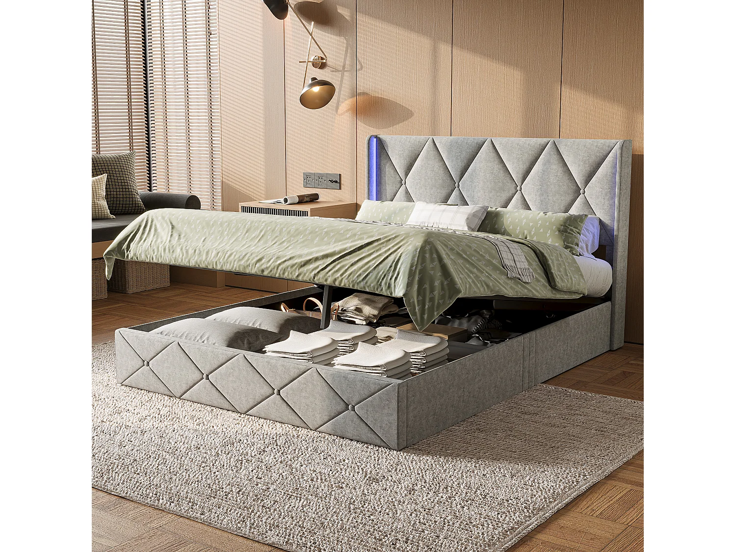 Gestoffeerd tweepersoonsbed 140x200 cm, met LED, opbergruimte met lattenbodem, Grijs