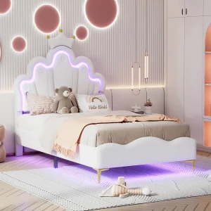Gestoffeerd kinderbed 90 x 200 cm met LED, kroonprinsessenbed, polyurethaan, wit Gestoffeerd kinderbed 90 x 200 cm met LED, kroonprinsessenbed, polyurethaan, wit