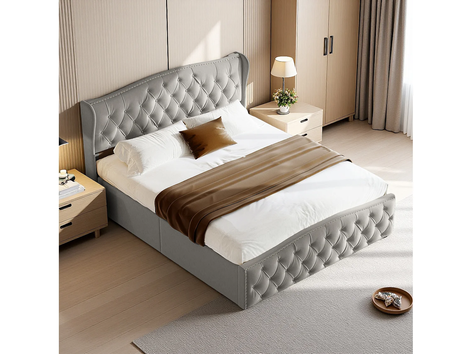 Gestoffeerd bed met opbergruimte 160 x 200 cm, met Wave Line hoofdbord, grijs