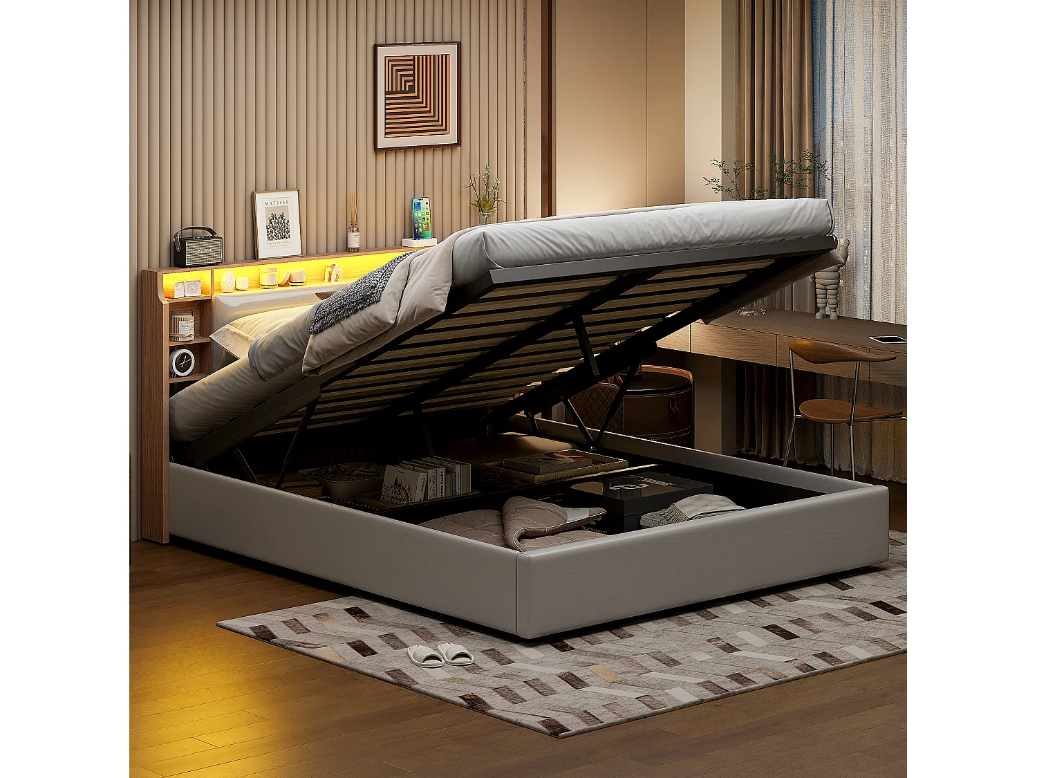 Gestoffeerd bed, 140 x 200 cm, met LED en USB-oplader, tweepersoonsbed, opbergruimte, PU, wit