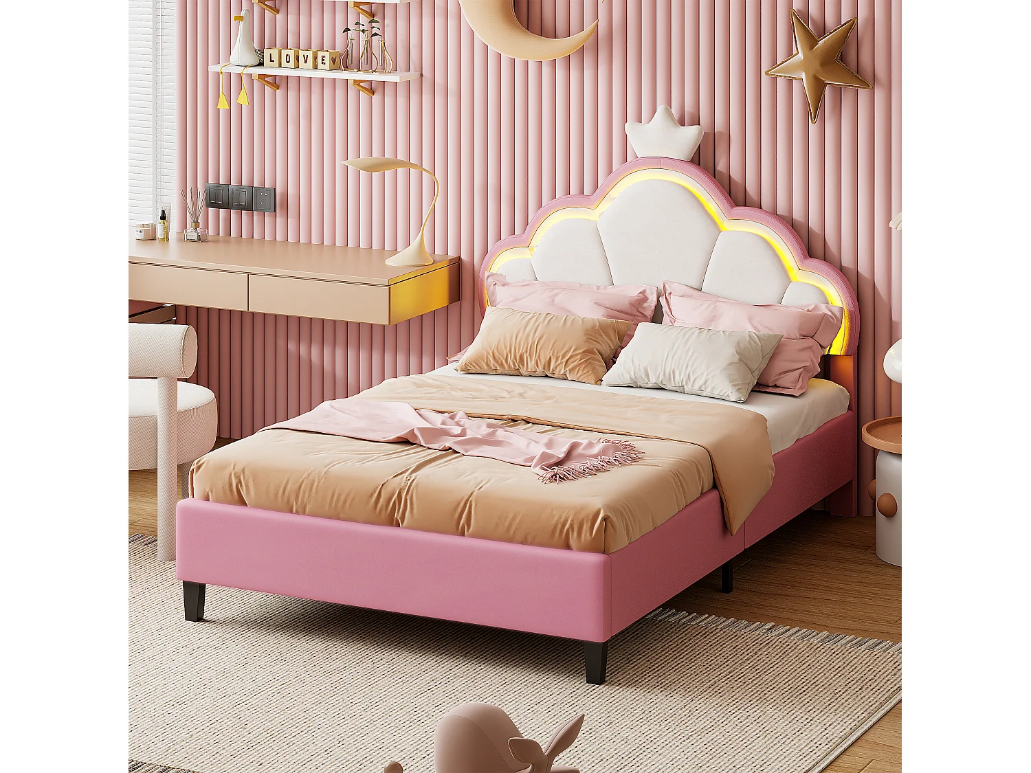 Gestoffeerd kinderbed 90 x 200 cm, LED, in hoogte verstelbaar hoofdbord en lattenbodem, roze