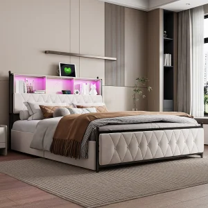 Gestoffeerd tweepersoonsbed 140x200cm, met 2 USB-poorten, LED-bed met 4 opberglades, fluweel, beige Gestoffeerd tweepersoonsbed 140x200cm, met 2 USB-poorten, LED-bed met 4 opberglades, fluweel, beige