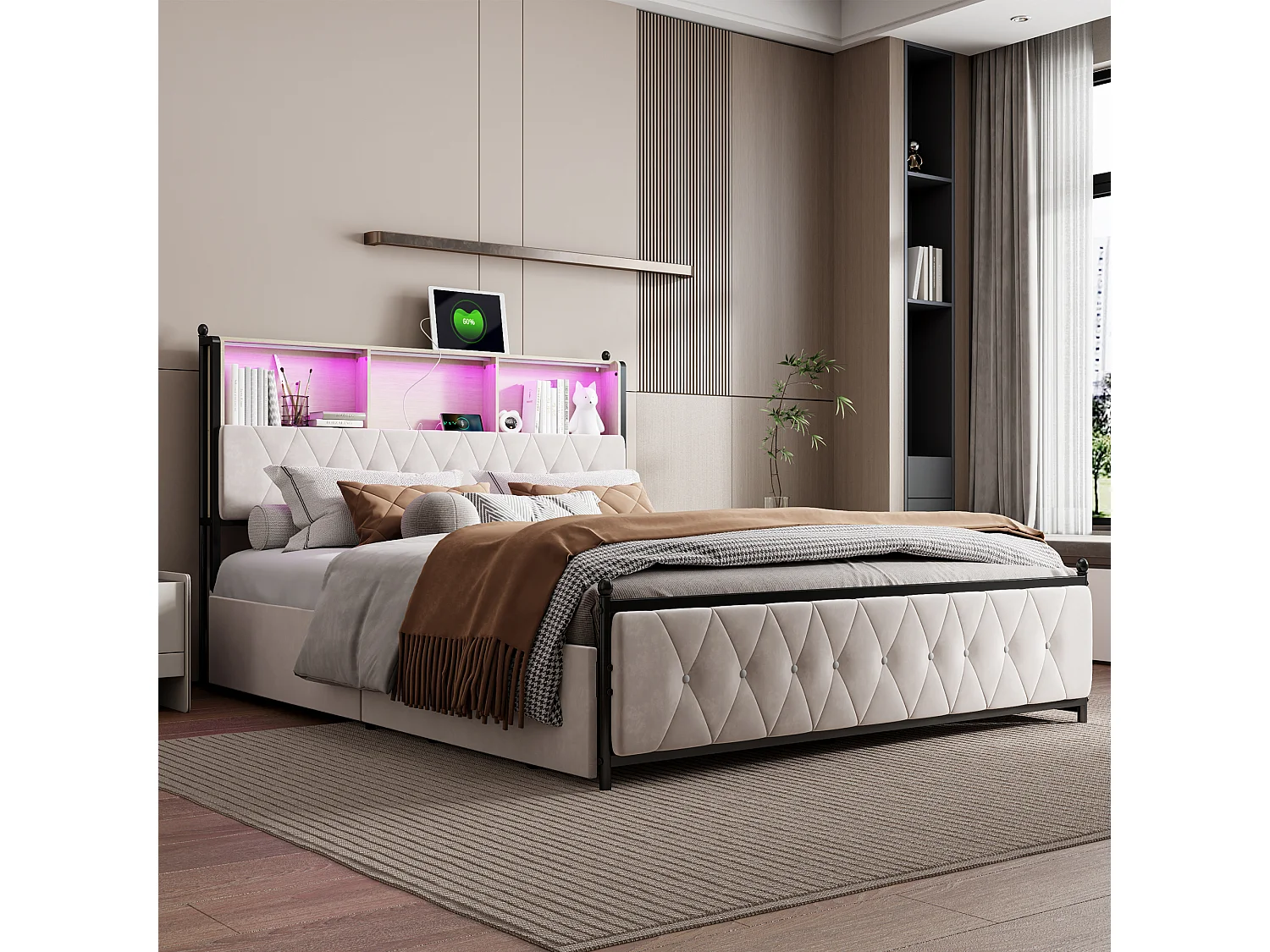 Gestoffeerd tweepersoonsbed 140x200cm, met 2 USB-poorten, LED-bed met 4 opberglades, fluweel, beige
