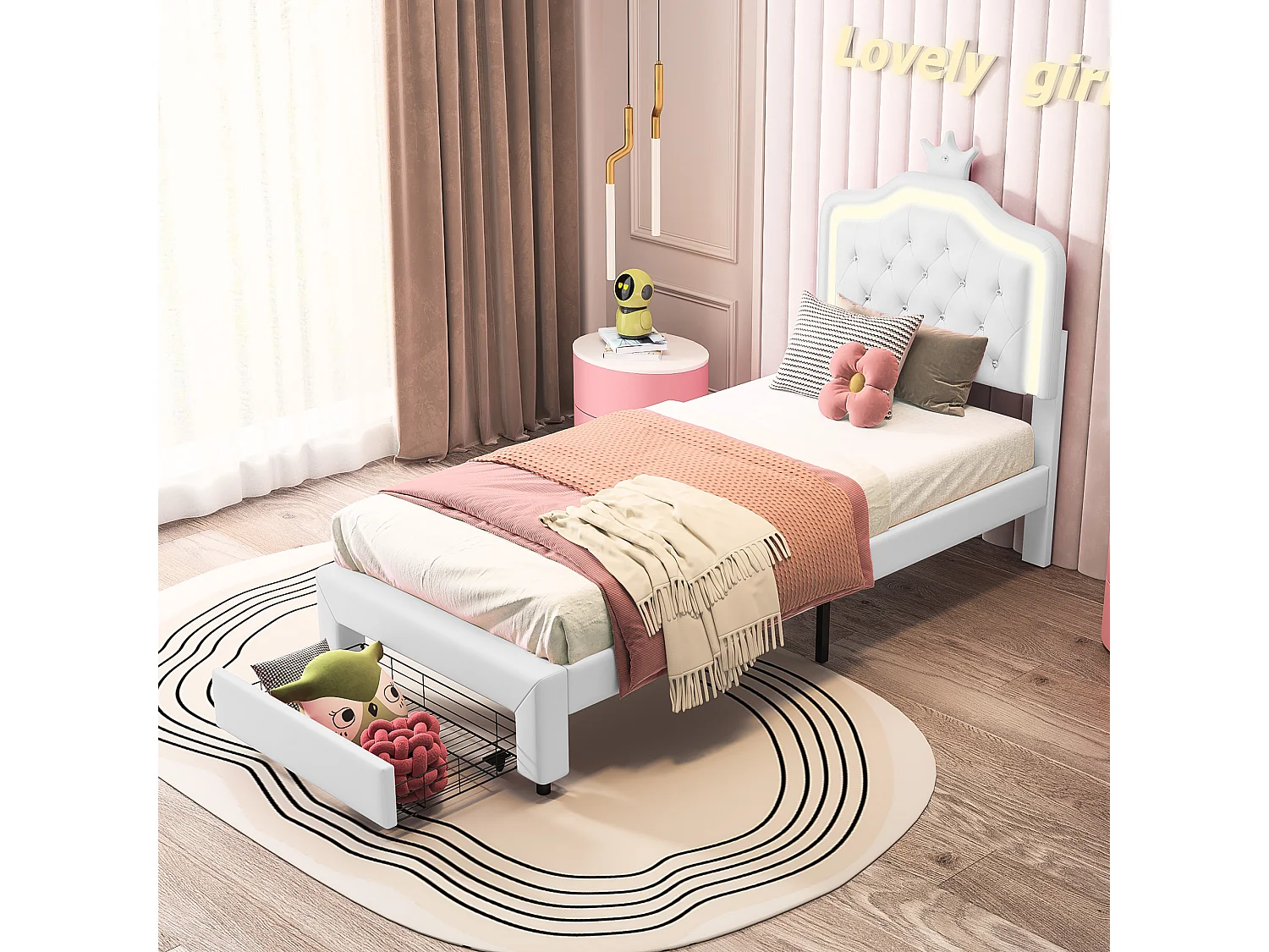 Gestoffeerd bed 140 x 200 cm, met lades, LED, met lattenbodem en rugleuning, wit