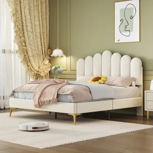 Gestoffeerd tweepersoonsbed 140 x 200 cm met hoofdbord en lattenbodem, voor volwassenen, fluweel, beige Gestoffeerd tweepersoonsbed 140 x 200 cm met hoofdbord en lattenbodem, voor volwassenen, fluweel, beige