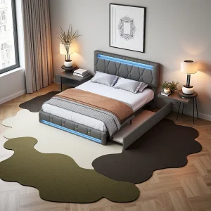 Gestoffeerd tweepersoonsbed 160 x 200 cm, LED, met lattenbodem, opbergruimte, Grijs Gestoffeerd tweepersoonsbed 160 x 200 cm, LED, met lattenbodem, opbergruimte, Grijs