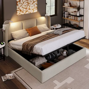 Gestoffeerd bed 160 x 200 cm, Tweepersoonsbed, Leeslamp met oplaadfunctie, Linnen, Beige