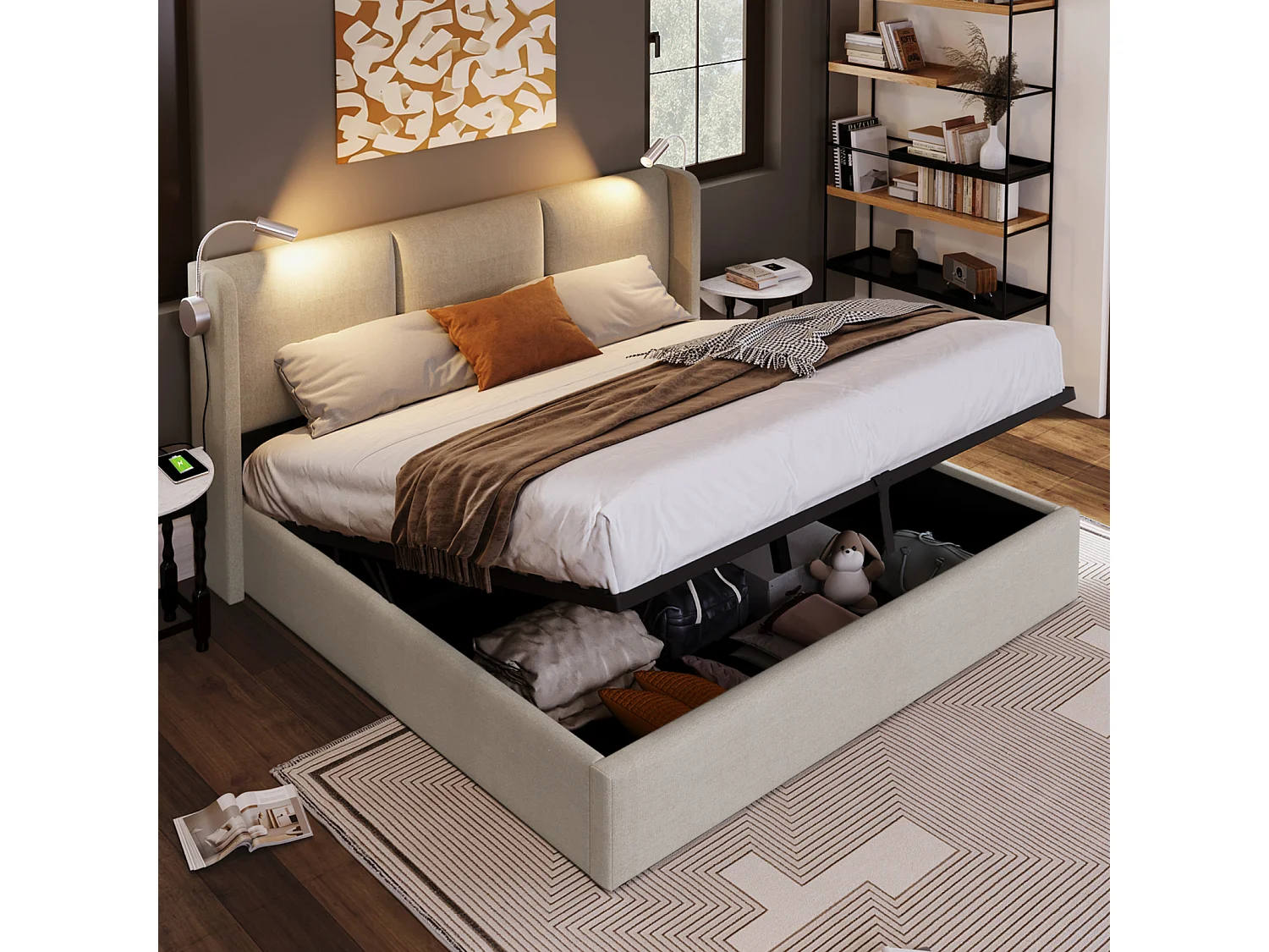 Gestoffeerd bed 160 x 200 cm, Tweepersoonsbed, Leeslamp met oplaadfunctie, Linnen, Beige