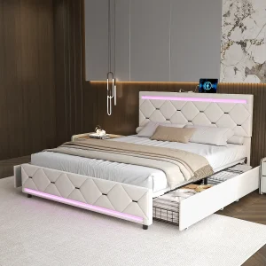Gestoffeerd bed 160×200 cm met LED, bedframe met lades, volwassen bed, fluweel, wit