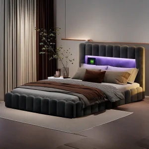 Gestoffeerd tweepersoonsbed, bubbel, 180 x 200 cm, met LED en USB, opbergbed, Grijs Gestoffeerd tweepersoonsbed, bubbel, 180 x 200 cm, met LED en USB, opbergbed, Grijs