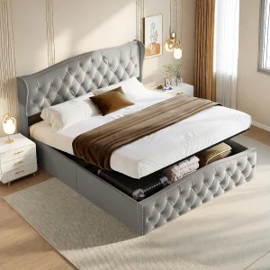 Gestoffeerd bed met opbergruimte 140 x 200 cm, met Wave Line hoofdbord, grijs Gestoffeerd bed met opbergruimte 140 x 200 cm, met Wave Line hoofdbord, grijs