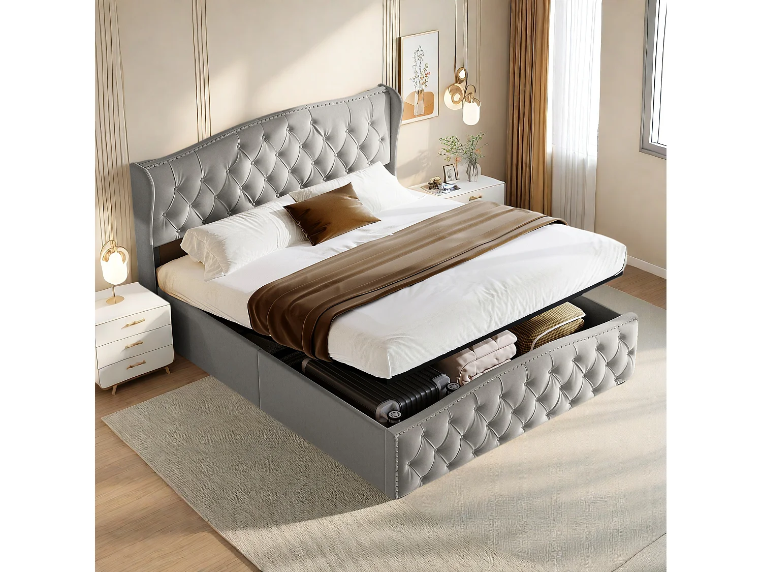 Gestoffeerd bed met opbergruimte 140 x 200 cm, met Wave Line hoofdbord, grijs