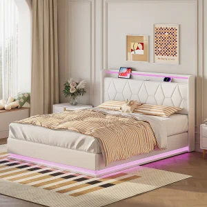 Gestoffeerd bed 140×200 cm met opbergruimte, met LED- en USB-oplaadpoorten, met lattenbodem, wit