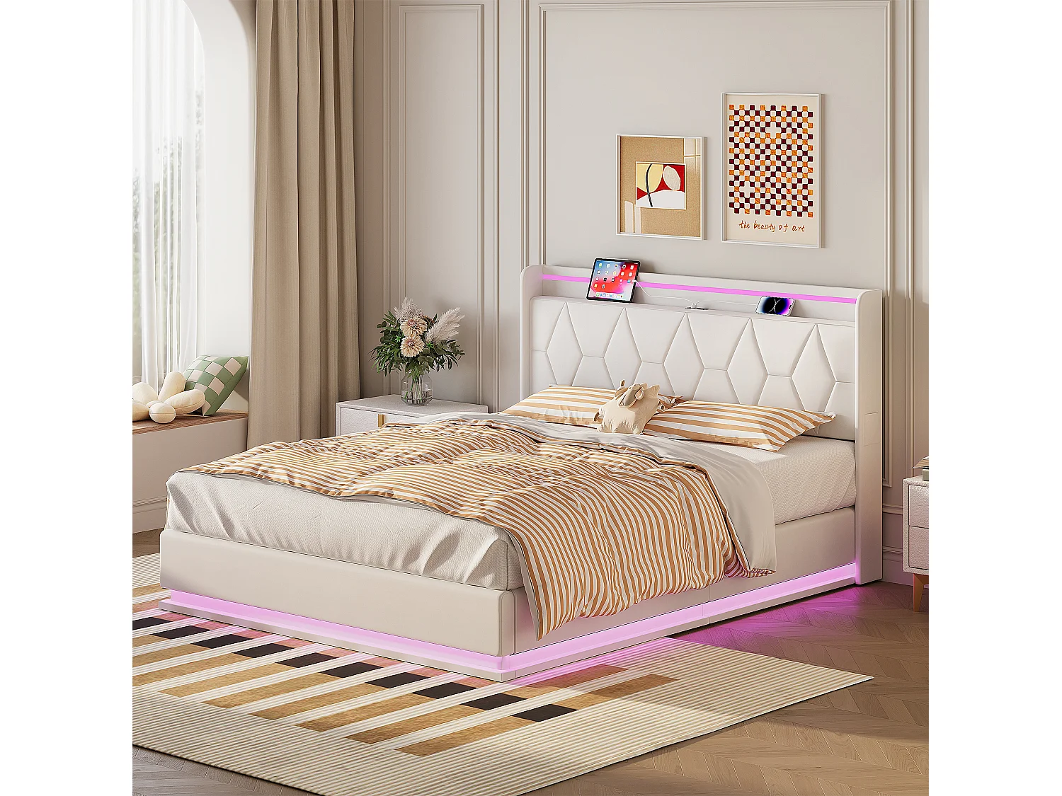 Gestoffeerd bed 140x200 cm met opbergruimte, met LED- en USB-oplaadpoorten, met lattenbodem, wit