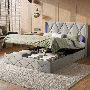 Gestoffeerd tweepersoonsbed 160×200 cm, met LED, opbergruimte met lattenbodem, Grijs Gestoffeerd tweepersoonsbed 160×200 cm, met LED, opbergruimte met lattenbodem, Grijs