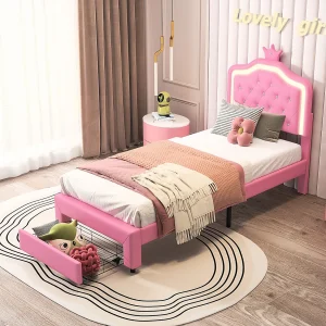 Gestoffeerd bed 90 x 200 cm, met lades, LED, met lattenbodem en rugleuning, roze