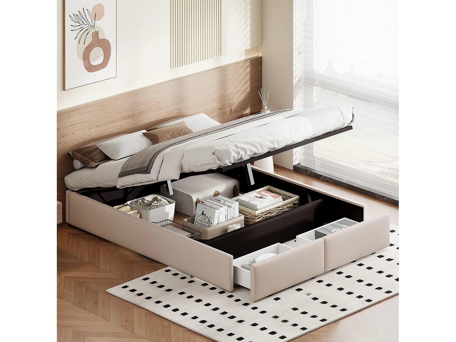 Gestoffeerd bed van 160 x 200 cm met lade onder het bed, zonder hoofdbord, met lattenbodem, linnen, beige