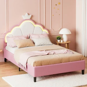 Gestoffeerd bed 140 x 200 cm, prinsessenbed met verstelbaar LED-hoofdbord en lattenbodem, roze Gestoffeerd bed 140 x 200 cm, prinsessenbed met verstelbaar LED-hoofdbord en lattenbodem, roze
