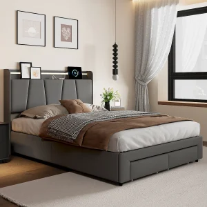 Gestoffeerd bed 140×200 met opbergruimte, met LED- en USB-oplaadpoorten, tweepersoonsbed, linnen, donkergrijs Gestoffeerd bed 140×200 met opbergruimte, met LED- en USB-oplaadpoorten, tweepersoonsbed, linnen, donkergrijs