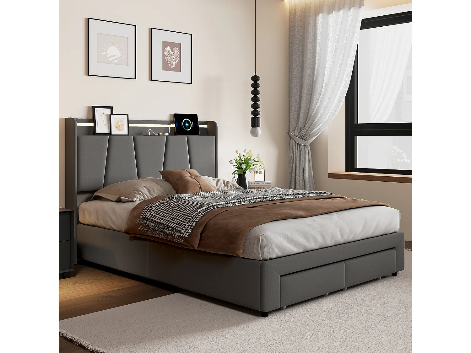 Gestoffeerd bed 140x200 met opbergruimte, met LED- en USB-oplaadpoorten, tweepersoonsbed, linnen, donkergrijs