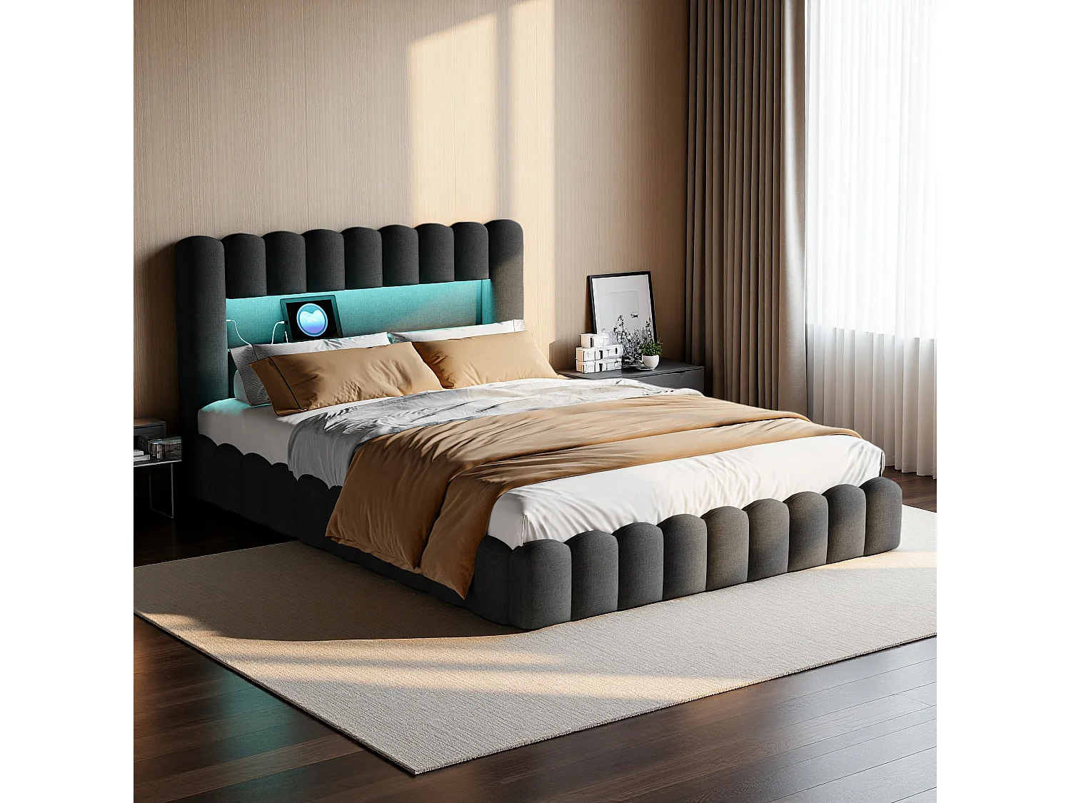 Gestoffeerd tweepersoonsbed 160 x 200 cm, met LED en USB, met lattenbodem en hoofdbord, linnen, grijs