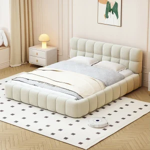 Gestoffeerd tweepersoonsbed, bubbel, 140 x 190 cm, met lattenbodem en zachte rugleuning, linnen, beige Gestoffeerd tweepersoonsbed, bubbel, 140 x 190 cm, met lattenbodem en zachte rugleuning, linnen, beige