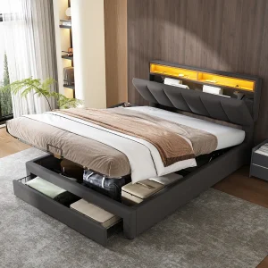 Gestoffeerd bed, 180 x 200 cm, LED-verlichting, lades en grote opbergruimte voor hoofdeinde en beddengoed, grijs Gestoffeerd bed, 180 x 200 cm, LED-verlichting, lades en grote opbergruimte voor hoofdeinde en beddengoed, grijs
