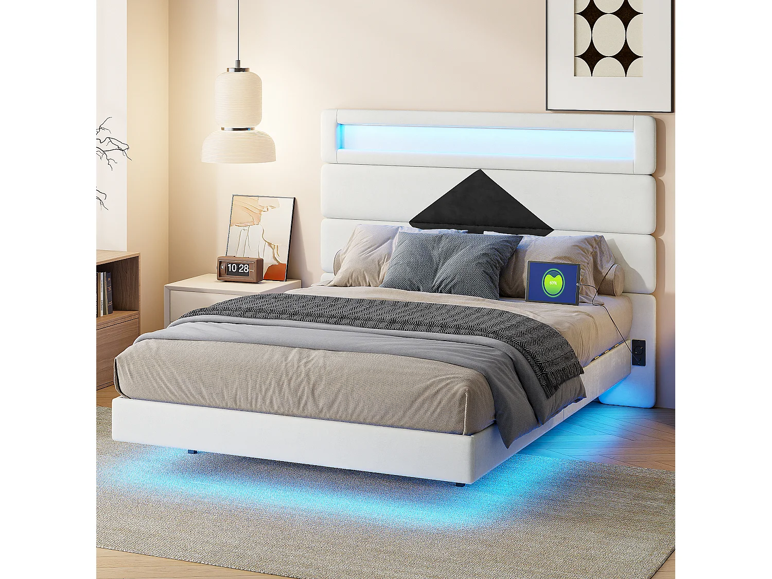 Gestoffeerd tweepersoonsbed 140x190 cm, tweepersoonsbedden met LED en USB, met lattenbodem, wit