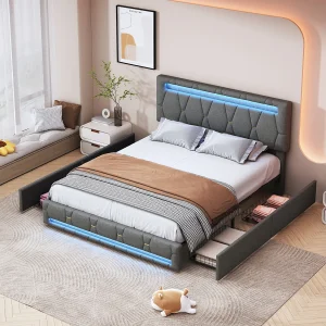 Gestoffeerd tweepersoonsbed 140 x 200 cm, LED, met lattenbodem, opbergruimte, Grijs Gestoffeerd tweepersoonsbed 140 x 200 cm, LED, met lattenbodem, opbergruimte, Grijs