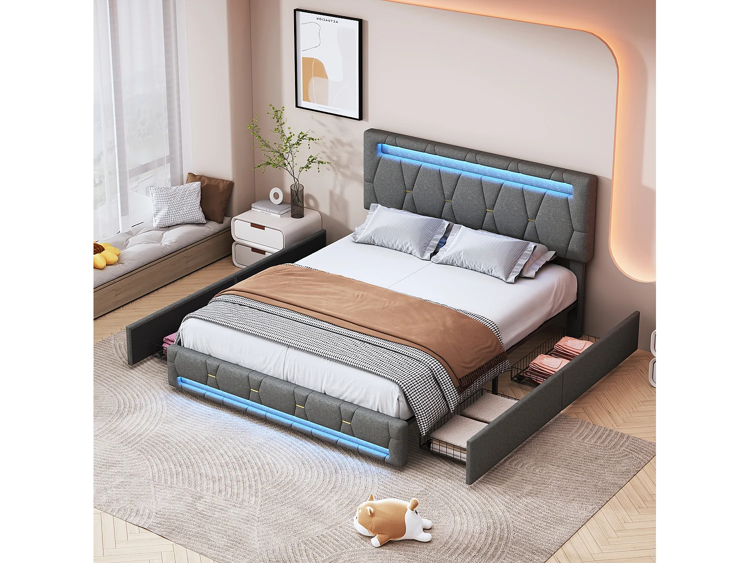 Gestoffeerd tweepersoonsbed 140 x 200 cm, LED, met lattenbodem, opbergruimte, Grijs