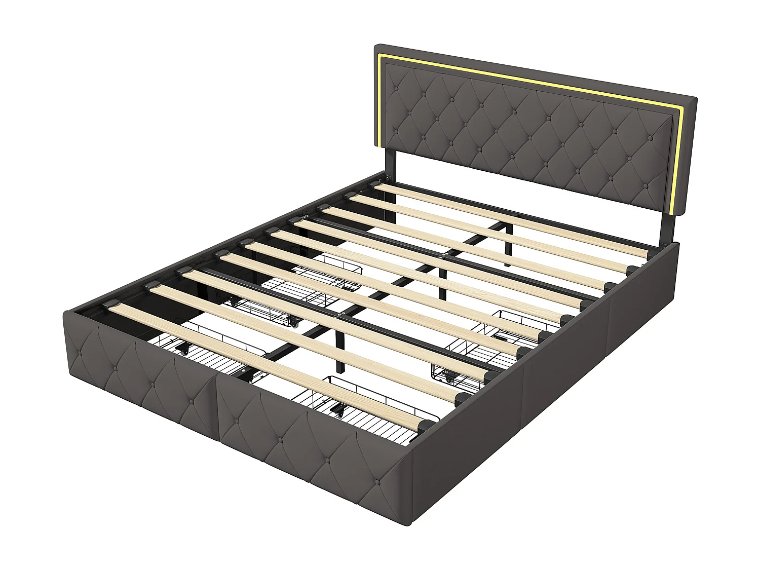 Gestoffeerd bed 140x200cm met LED, met 4 opbergladen, met lattenbodem, PU, grijs