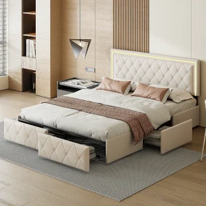 Gestoffeerd bed 140x200cm met LED, met 4 opbergladen, met lattenbodem, PU, wit Gestoffeerd bed 140x200cm met LED, met 4 opbergladen, met lattenbodem, PU, wit