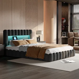 Gestoffeerd tweepersoonsbed 140 x 200 cm, met LED en USB, met lattenbodem en hoofdbord, linnen, grijs Gestoffeerd tweepersoonsbed 140 x 200 cm, met LED en USB, met lattenbodem en hoofdbord, linnen, grijs